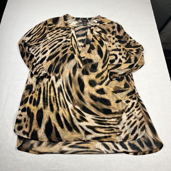 Chicos Travelers V-Neck Tunic Blouse Animal Print 3/4 Sleeve Lightweight 2 LARGE - Picture 1 of 13